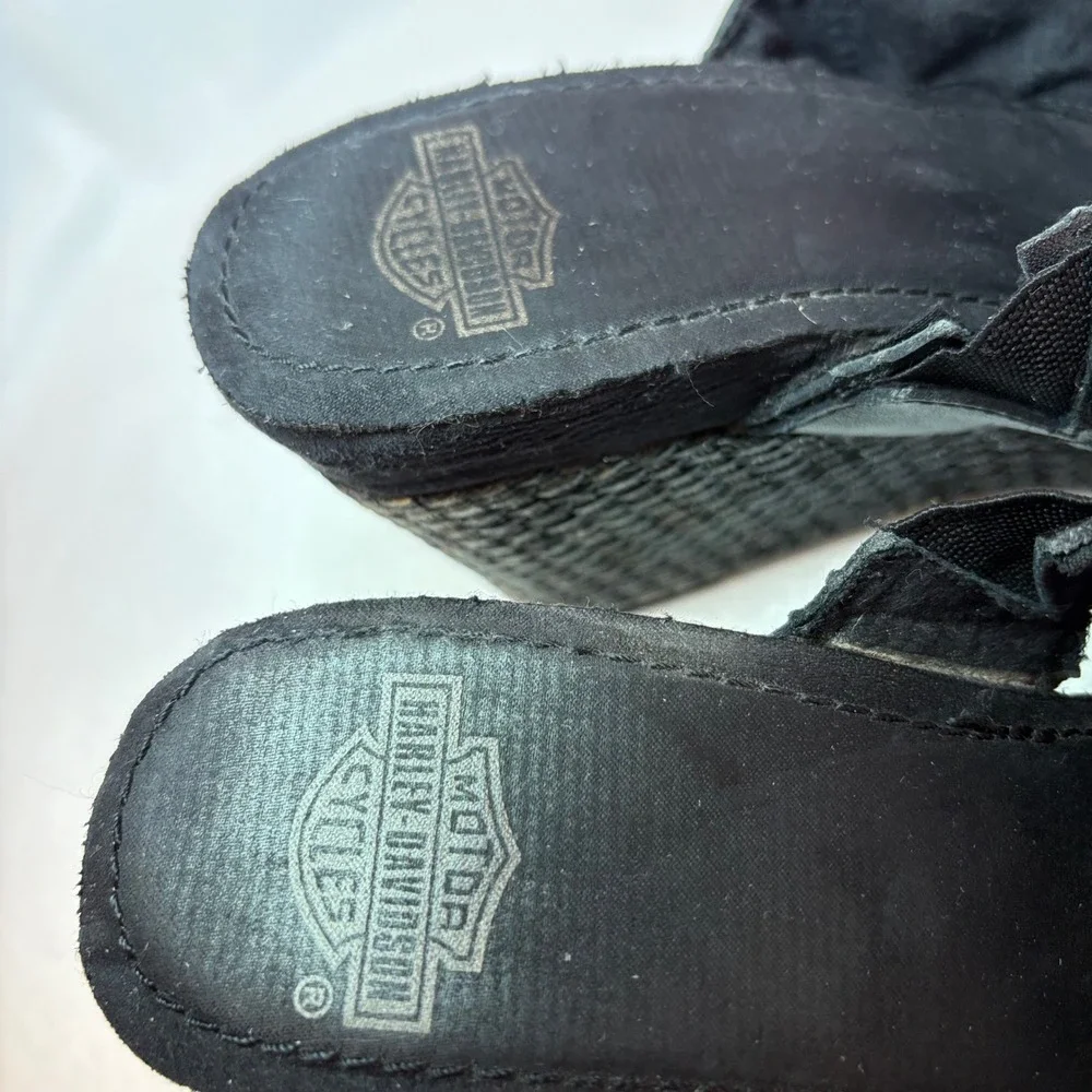 Harley-Davidson Womens Black Leather Wedge Sandals Buckle Logo Platform Slides